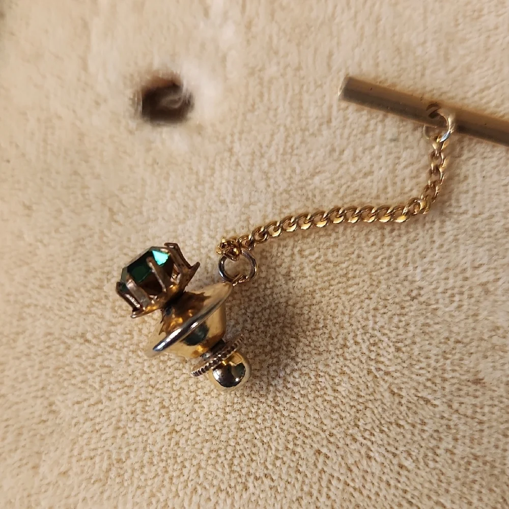 Goldtone Tie Pin Green Crystal Stone Accent
